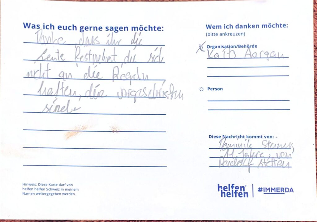 Carte de remerciement manuscrite de l’Action Merci adressée à une organisation d’intervention