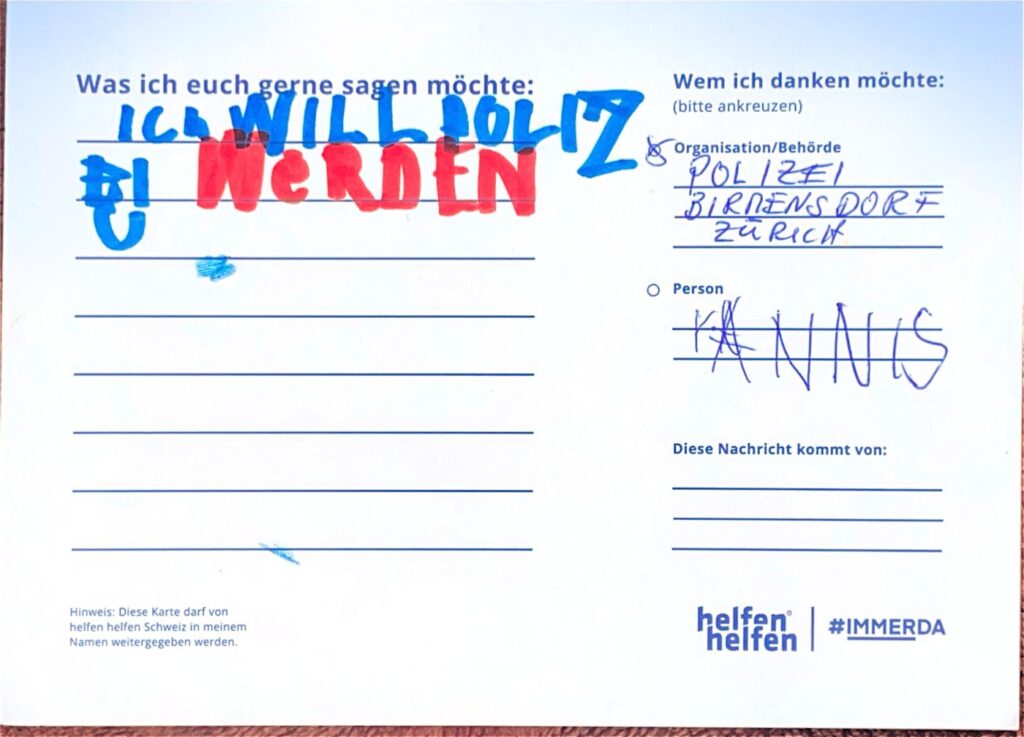 Carte de remerciement manuscrite de l’Action Merci adressée à une organisation d’intervention