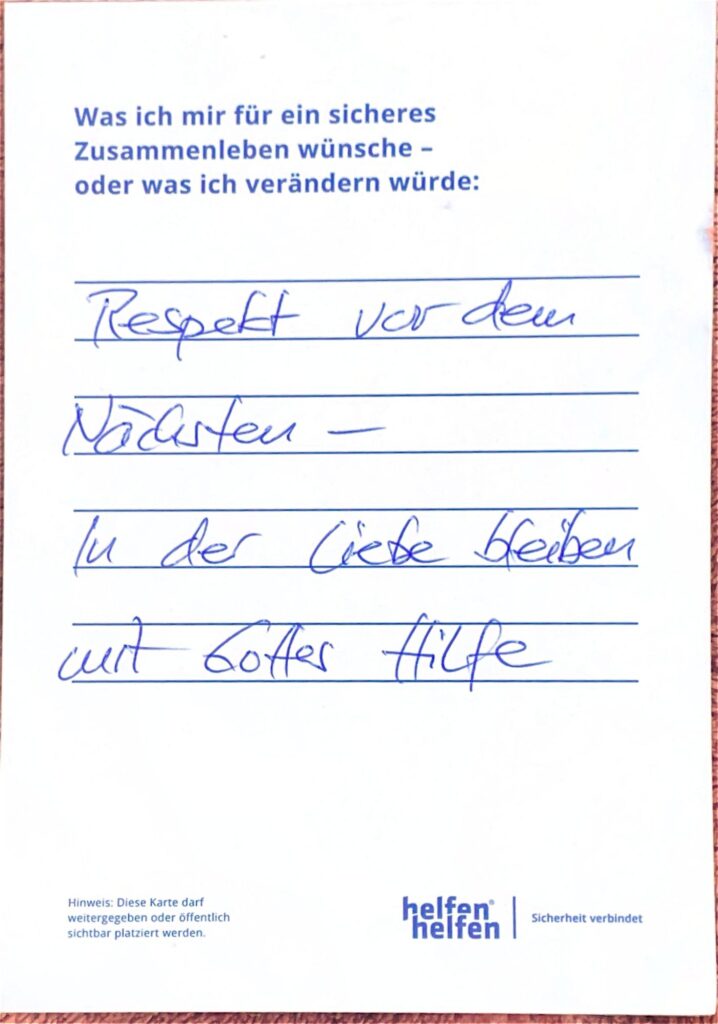 Carte de remerciement manuscrite de l’Action Merci adressée à une organisation d’intervention