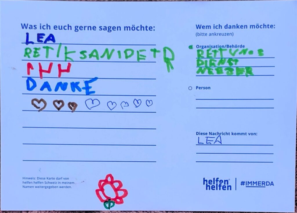 Carte de remerciement manuscrite de l’Action Merci adressée à une organisation d’intervention