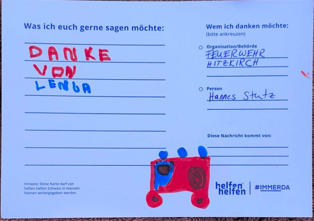 Carte de remerciement manuscrite de l’Action Merci adressée à une organisation d’intervention