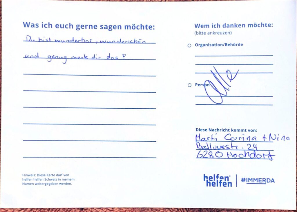 Carte de remerciement manuscrite de l’Action Merci adressée à une organisation d’intervention
