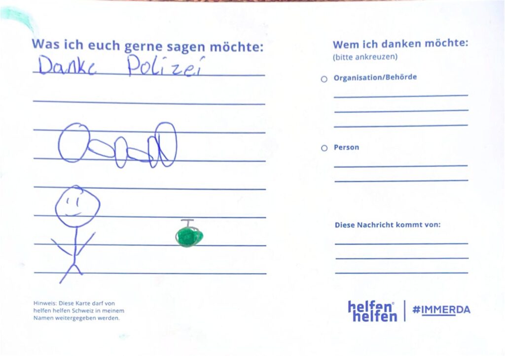 Carte de remerciement manuscrite de l’Action Merci adressée à une organisation d’intervention