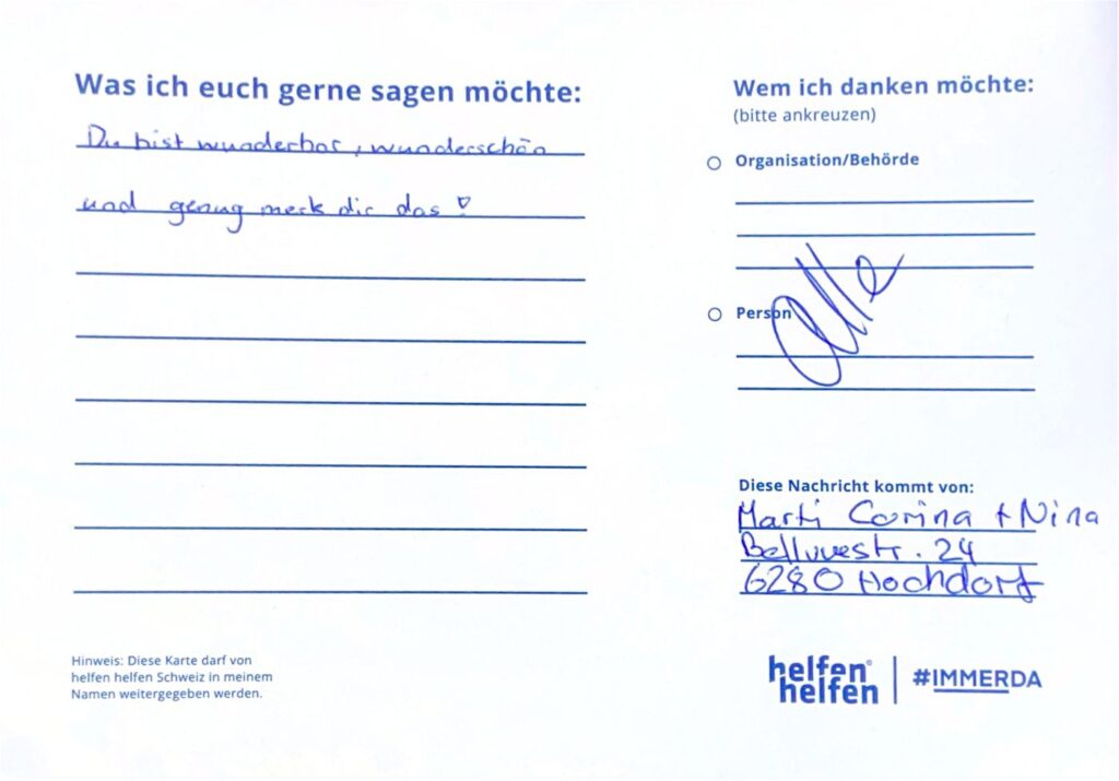 Carte de remerciement manuscrite de l’Action Merci adressée à une organisation d’intervention