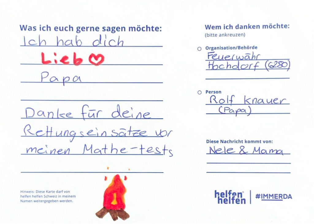 Carte de remerciement manuscrite de l’Action Merci adressée à une organisation d’intervention