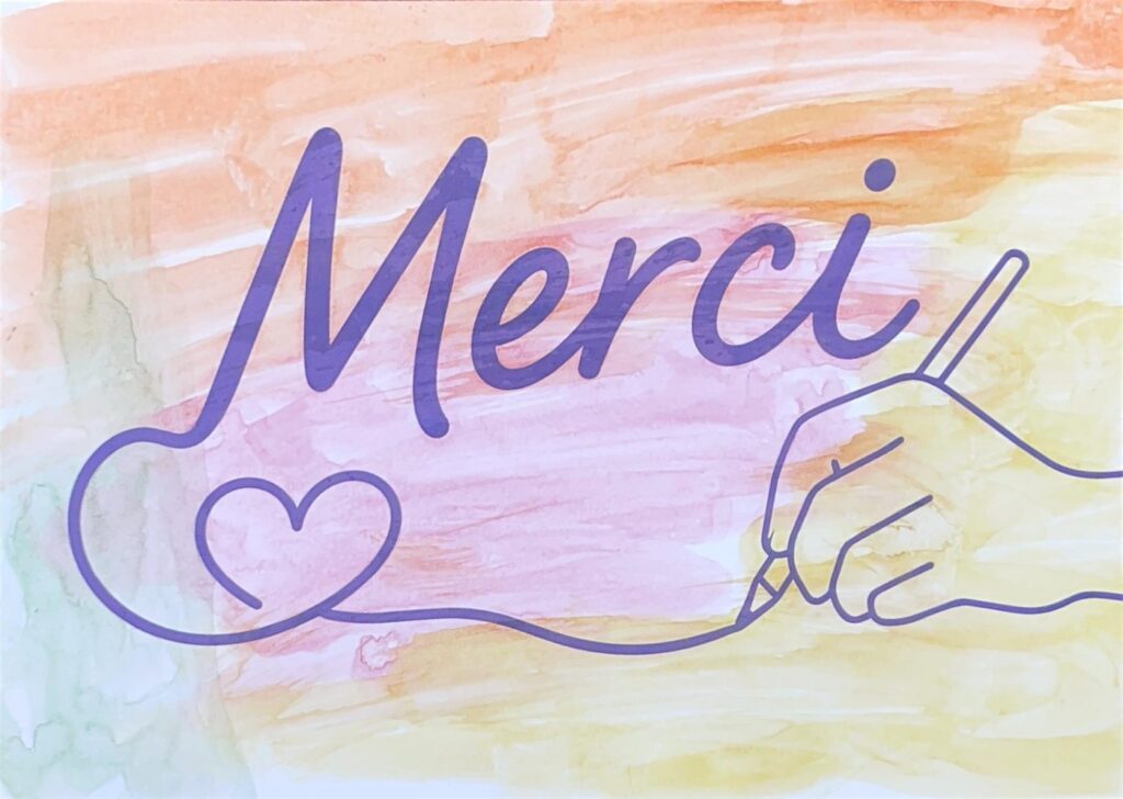 Carte de remerciement manuscrite de l’Action Merci adressée à une organisation d’intervention