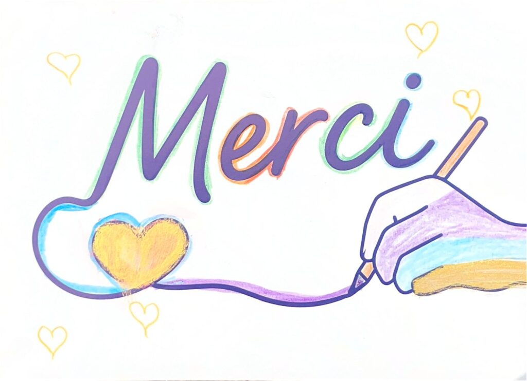 Carte de remerciement manuscrite de l’Action Merci adressée à une organisation d’intervention