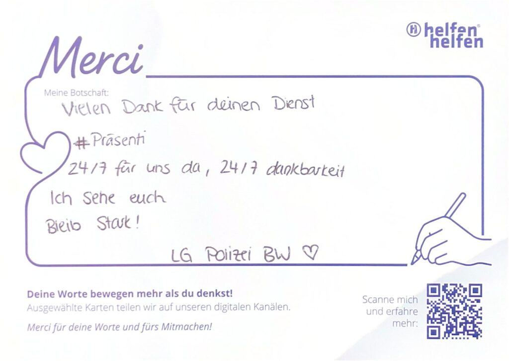 Carte de remerciement manuscrite de l’Action Merci adressée à une organisation d’intervention