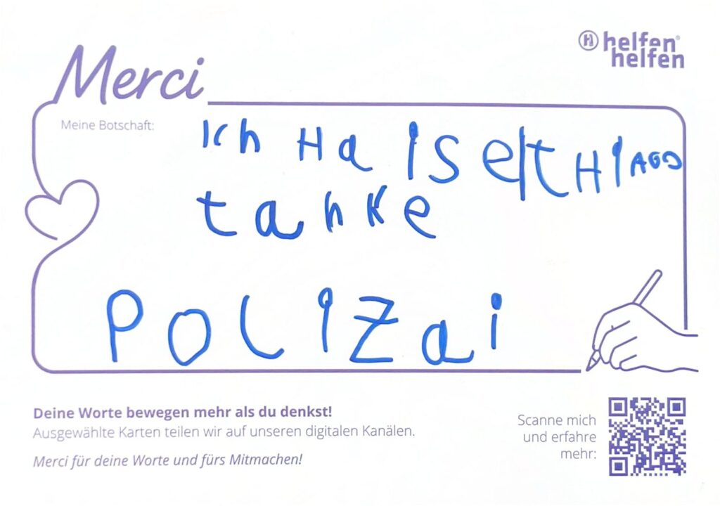 Carte de remerciement manuscrite de l’Action Merci adressée à une organisation d’intervention