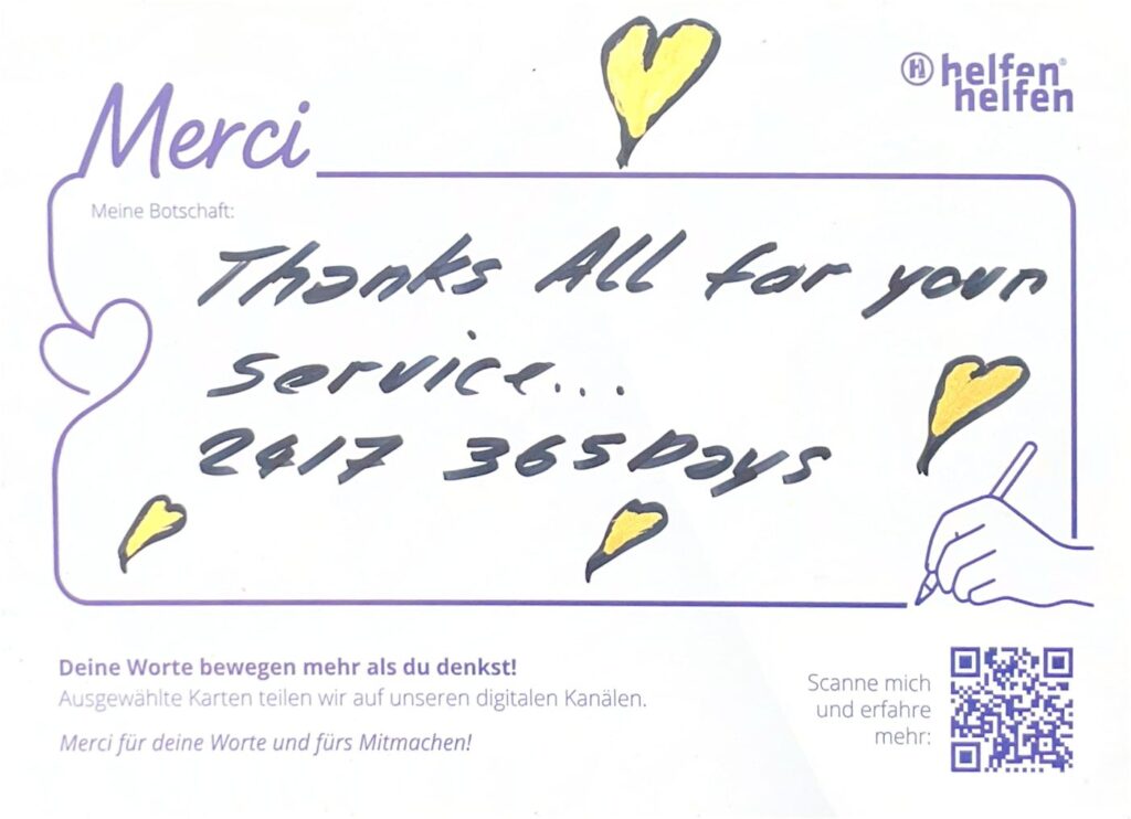 Carte de remerciement manuscrite de l’Action Merci adressée à une organisation d’intervention