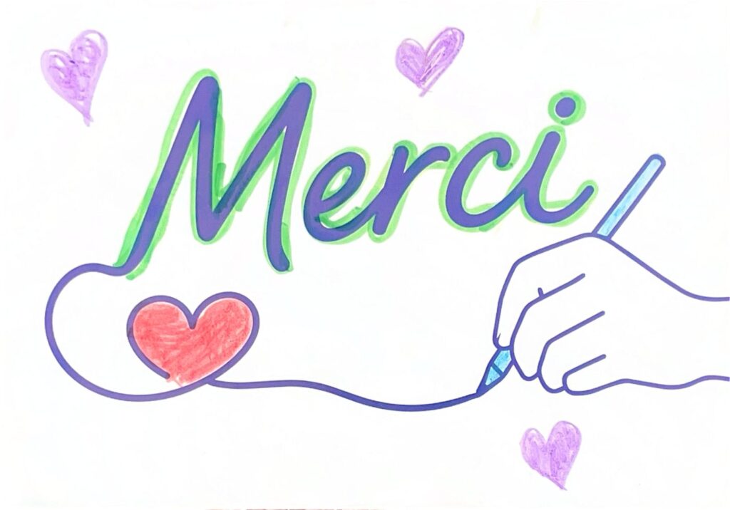 Carte de remerciement manuscrite de l’Action Merci adressée à une organisation d’intervention