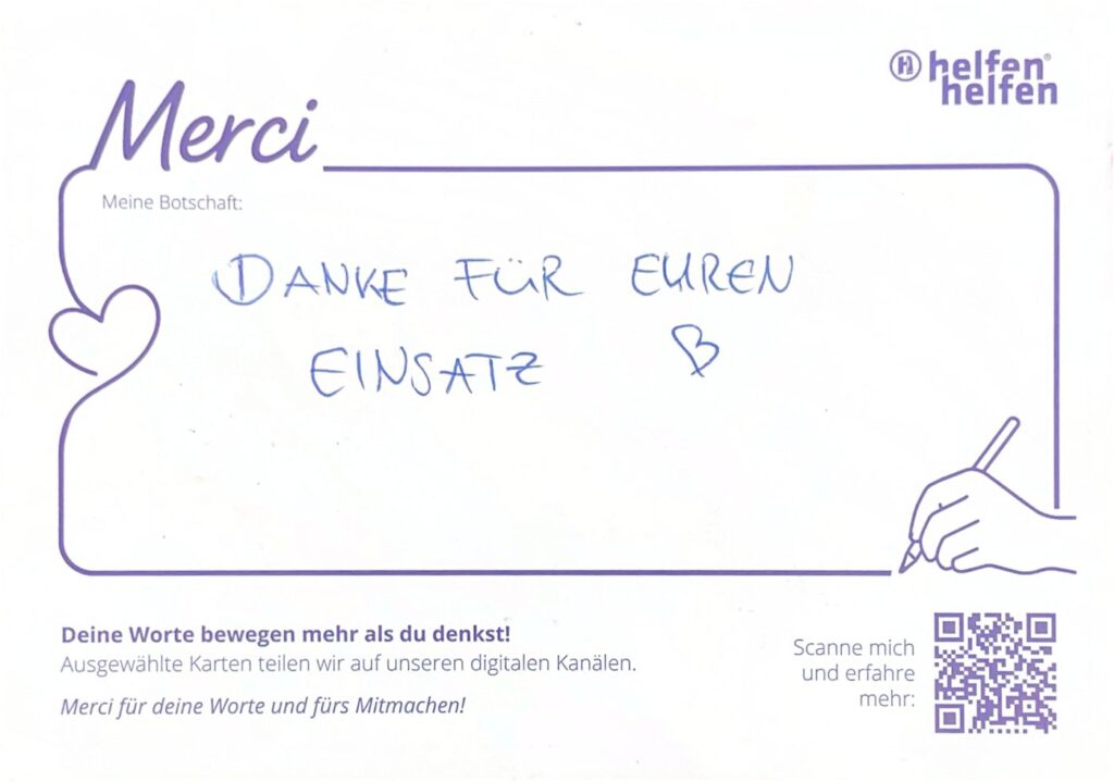 Carte de remerciement manuscrite de l’Action Merci adressée à une organisation d’intervention