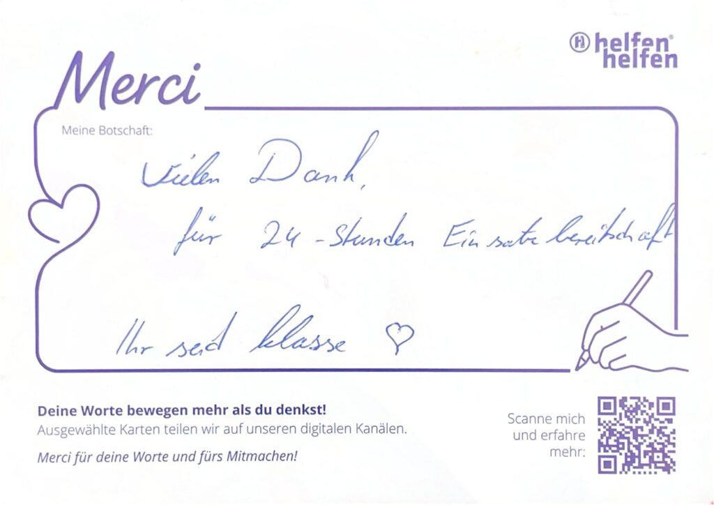 Carte de remerciement manuscrite de l’Action Merci adressée à une organisation d’intervention